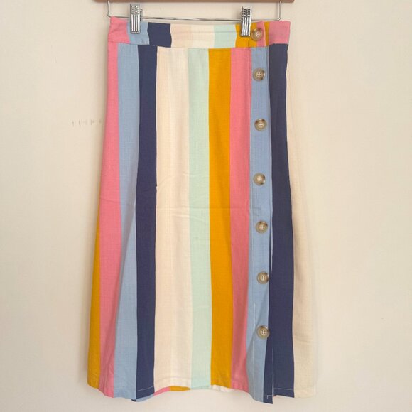 Elodie Button Midi Linen Skirt Vertical Stripes Blue Pink Yellow Size S - Picture 2 of 5